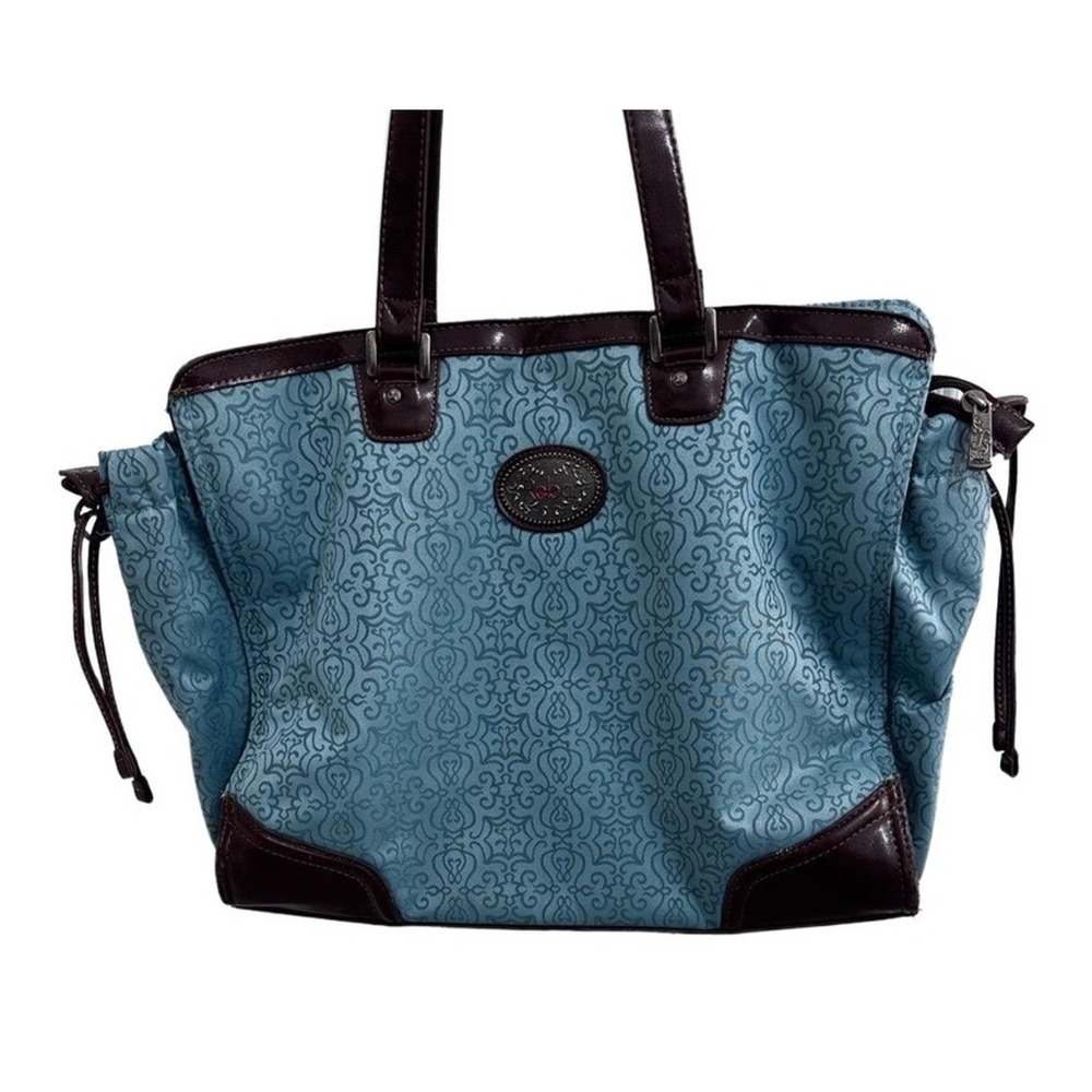 Reba Teal Dark Brown Trim Patterned Zip Sholder Bag Tote *see imperfections - Picture 2 of 15